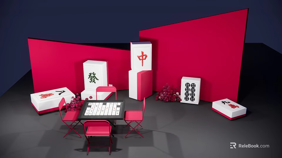 Mahjong Themed Interactive Area With Red Chairs Table And White Tiles 3d model 