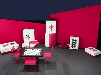 Mahjong Themed Interactive Area With Red Chairs Table And White Tiles 3d model