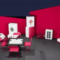 Mahjong Themed Interactive Area With Red Chairs Table And White Tiles 3d model