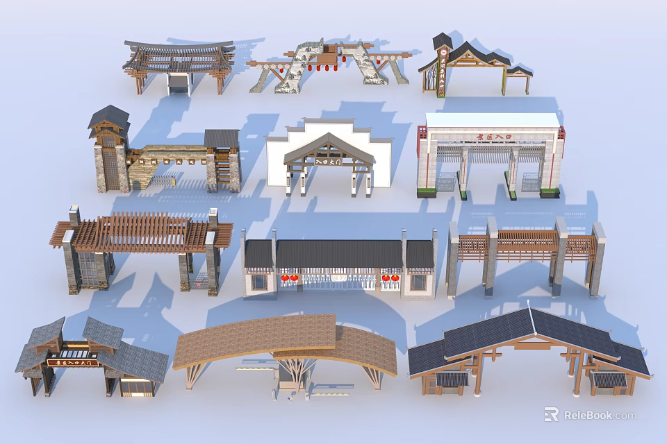 Traditional Chinese Architectural Gate Structures With Various Wooden Roof Designs 3d model 