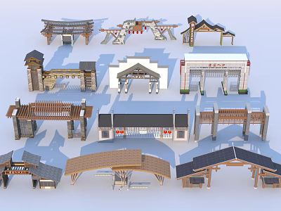 Traditional Chinese Architectural Gate Structures With Various Wooden Roof Designs 3d model