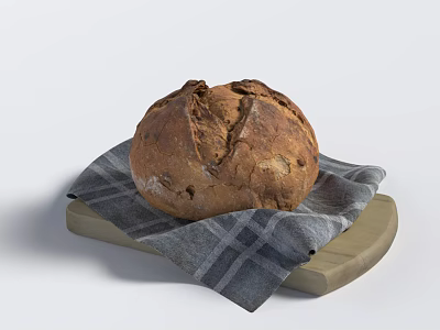 Artisanal Rustic Bread with Crusty Exterior on Checkered Cloth and Wooden Board 3d model