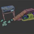Rustic Wooden Structure With Canvas Cover And Ramp Walkway Near Stones