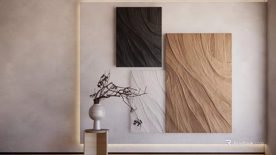 Abstract Paintings In Black White Brown With Wooden Texture On Minimalist Wall And Decorative Vase 3d model 