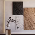 Abstract Paintings In Black White Brown With Wooden Texture On Minimalist Wall And Decorative Vase