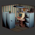 Cartoon Office Cubicle Scene With Vintage Computer Filing Cabinets Desk Lamp And Cactus