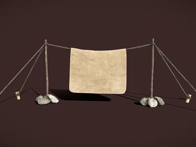 Simple Canvas Cloth Structure With Wooden Poles Ropes And Stones Setup 3d model