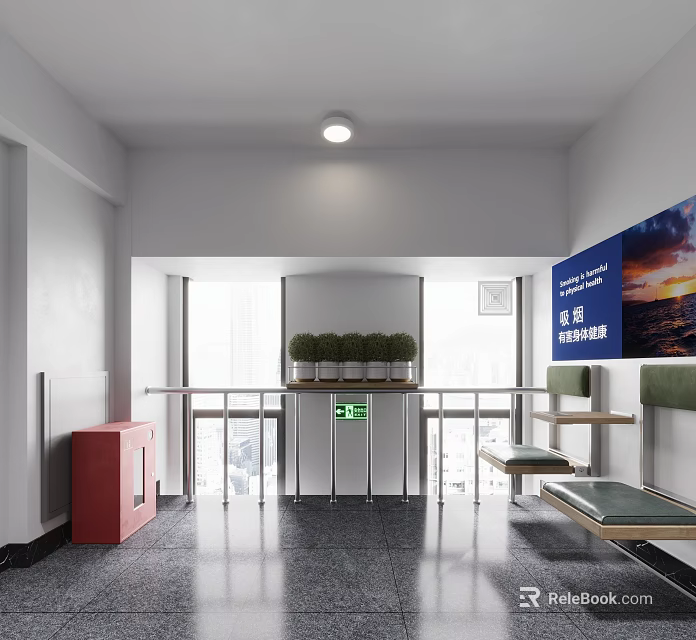 Bright Modern Elevator Hallway Interior With Potted Plants Glass Windows And Elevator Door 3d model