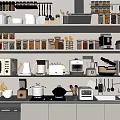 Modern Open Kitchen With Various Kitchen Appliances On White Shelves And Cabinets