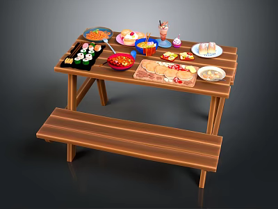Wooden Dining Table Set With Bench And Assorted Dishes Sushi Pizza Drinks 3d model