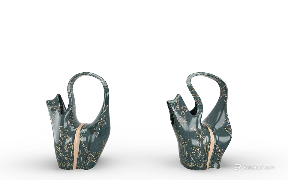 Two Piece Handbag Shaped Green Glossy Decorative Ornament Set With Gold Patterns 3d model 