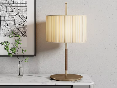 Elegant Table Lamp with Pleated Fabric Shade Wooden Pole on Marble Tabletop and Green Plant 3d model