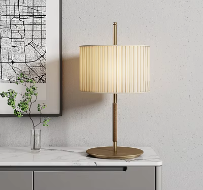 Elegant Table Lamp with Pleated Fabric Shade Wooden Pole on Marble Tabletop and Green Plant 3d model