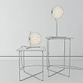 Modern Two Side Tables With Metal Frames Wooden Tops And Round Lamps