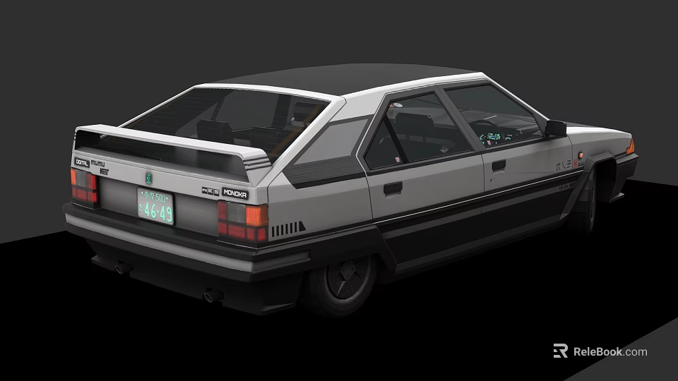 Classic Retro Car Rear View With Black Roof Silver Body And Spoiler 3d model 