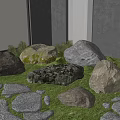 Natural Courtyard With Large Rocks Green Mossy Grass Gray Walls And Wooden Lantern