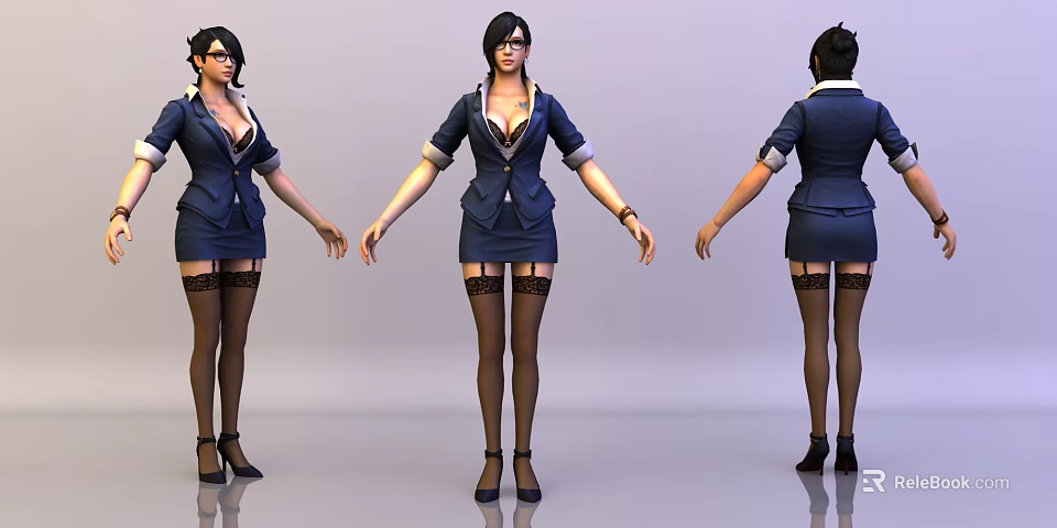 Woman in Blue Suit Dress with Black Stockings High Heels and Glasses Three Angles View 3d model 