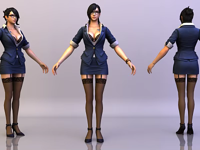 Woman in Blue Suit Dress with Black Stockings High Heels and Glasses Three Angles View 3d model