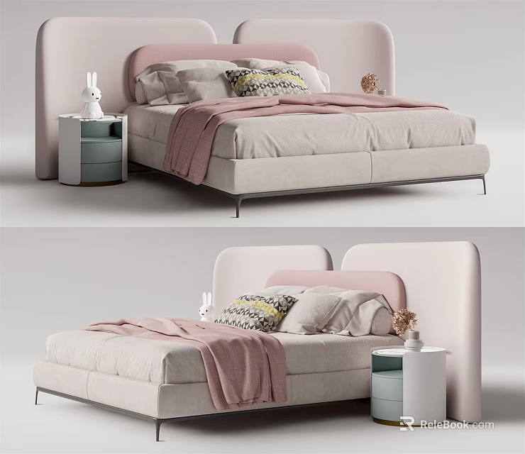 Modern Kids Bed With Pink Curved Headboard Soft Bedding And Side Table 3d model 