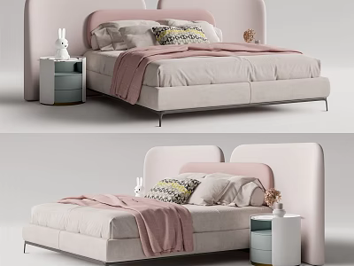 Modern Kids Bed With Pink Curved Headboard Soft Bedding And Side Table 3d model
