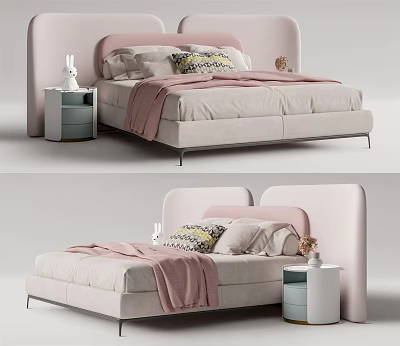 Modern Kids Bed With Pink Curved Headboard Soft Bedding And Side Table 3d model