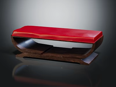 Modern Wooden Bench With Red Cushion And Stylish Curved Dark Frame 3d model