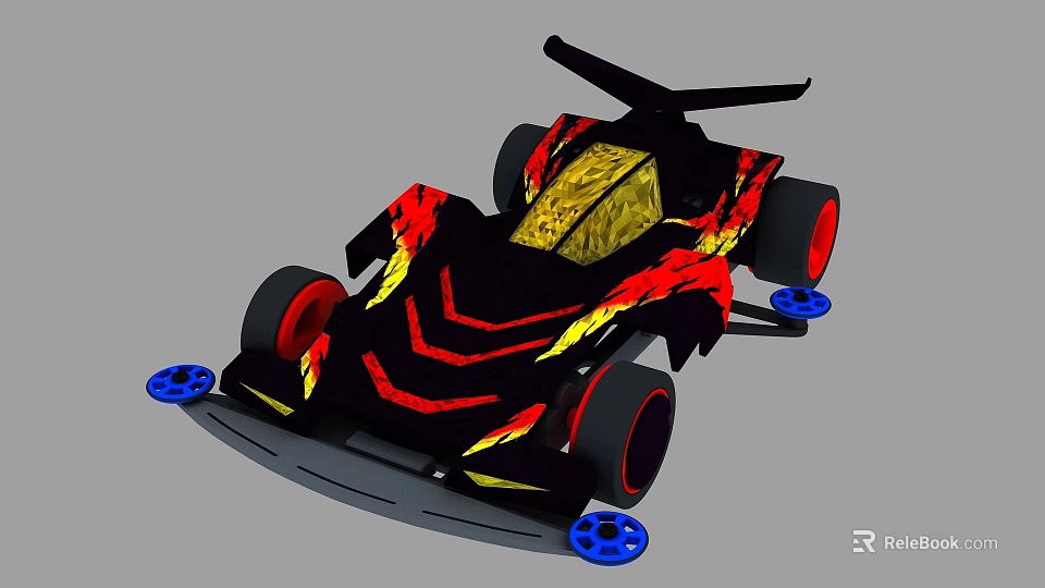 Black Racing Car With Red Yellow Flame Decals And Blue Wheel Rims 3d model 