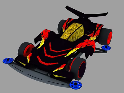 Black Racing Car With Red Yellow Flame Decals And Blue Wheel Rims 3d model