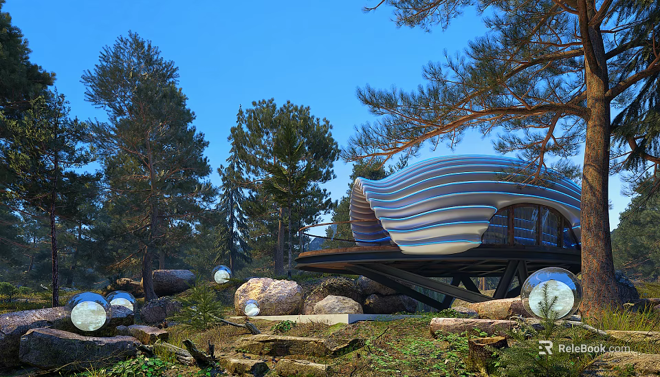 Unique Forest Guesthouse With Wavy Roof Design On Elevated Platform And Pine Tree Surroundings 3d model 