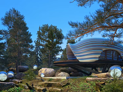 Unique Forest Guesthouse With Wavy Roof Design On Elevated Platform And Pine Tree Surroundings 3d model