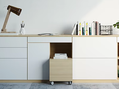 Modern Entryway Side Cabinet with Wooden Top White Panels Table Lamp Books and Storage Basket 3d model