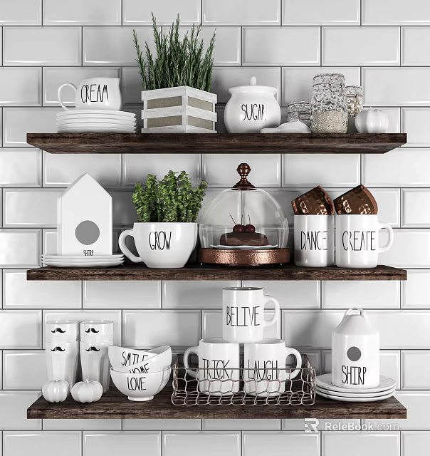 Stylish Kitchen Wall Cabinets With Mugs Plants And Storage Decorations 3d model