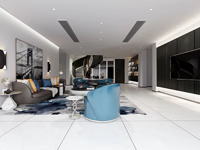 Modern Living Room Interior Design With Gray Sofa Blue Armchair And TV Wall 3d model