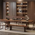 Modern Tea Table and Chairs with Bench Wooden Cabinets Shelves and Tea Set