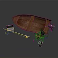 Wooden Fishing Boat With Blue Box Rod Reel And Tackle Equipment