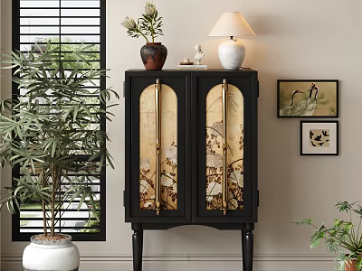 Classic Black Sideboard With Brass Accents Artwork Table Lamp Vase And Potted Plant 3d model
