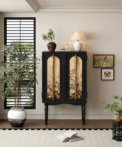 Classic Black Sideboard With Brass Accents Artwork Table Lamp Vase And Potted Plant 3d model