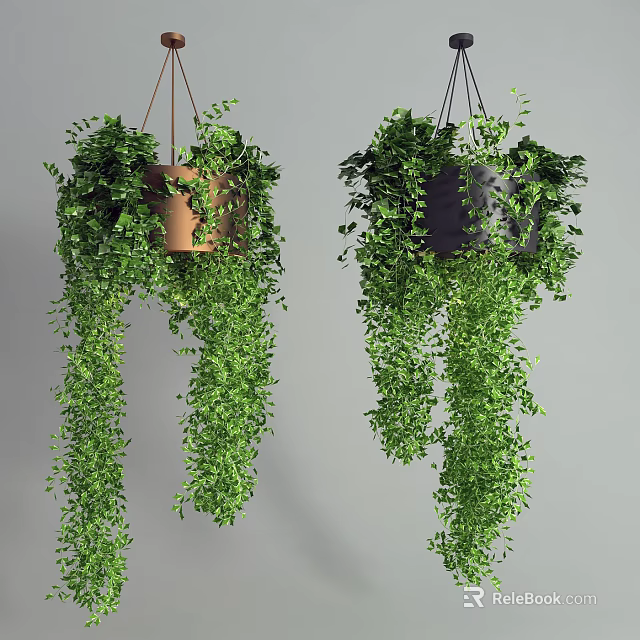 Lush Green Trailing Hanging Basket Plants in Brown and Dark Gray Pots 3d model 