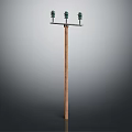 Tall Wooden Utility Pole Standing With Three Green Insulators Against Gray Background