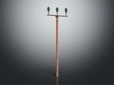 Tall Wooden Utility Pole Standing With Three Green Insulators Against Gray Background 3d model