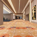 Elegant Hotel Corridor With Colorful Patterned Carpet Modern Wall Decorations Soft Lighting And Comfortable Sofa 3d model