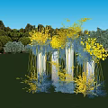 Tall Decorative Columns With Yellow Blue Flowers On Green Grass With Trees And Sky