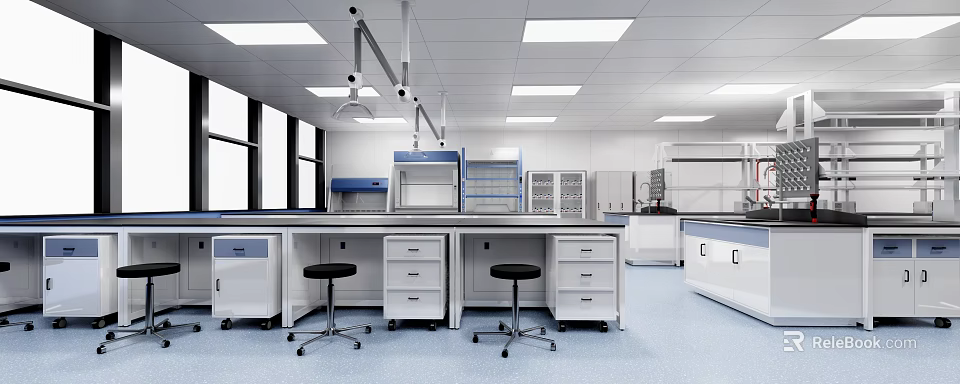 Modern Lab Interior Design With Benches Fume Hoods Storage Cabinets And Lighting 3d model 