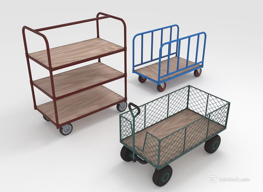 Three Different Types of Utility Carts With Wooden Shelves Metal Frames and Wheels 3d model 