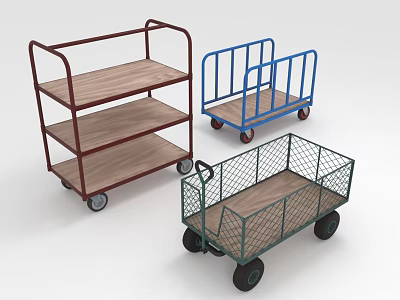 Three Different Types of Utility Carts With Wooden Shelves Metal Frames and Wheels 3d model