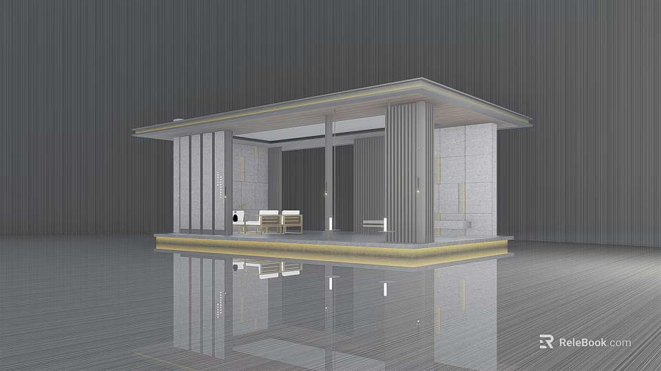 Modern Minimalist Pergola Design With Columns Seating And Reflective Floor 3d model