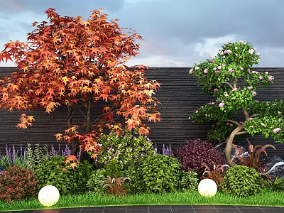 Garden Landscape With Red Leaf Trees Pink Flowering Trees Dark Wall Round Lights On Lawn 3d model