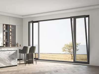 Modern Kitchen With Large Sliding Windows Marble Island And Bar Stools 3d model