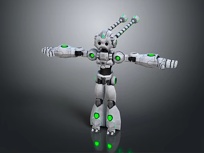 Futuristic Robot Game Movie Character With Mechanical Design Green Glowing Details Antennas And Open Arms 3d model