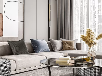 Elegant Modern Living and Dining Room Interior With Sofa Pillows Glass Coffee Table And Curtains 3d model